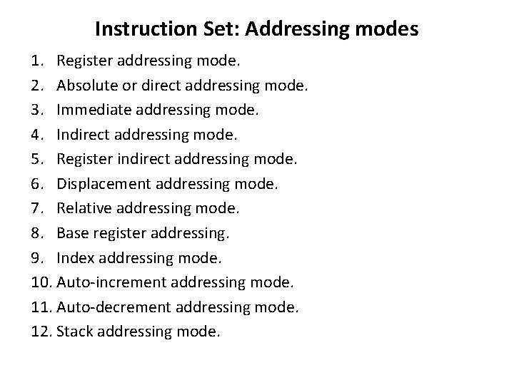 Instruction Set: Addressing modes 1. Register addressing mode. 2. Absolute or direct addressing mode.