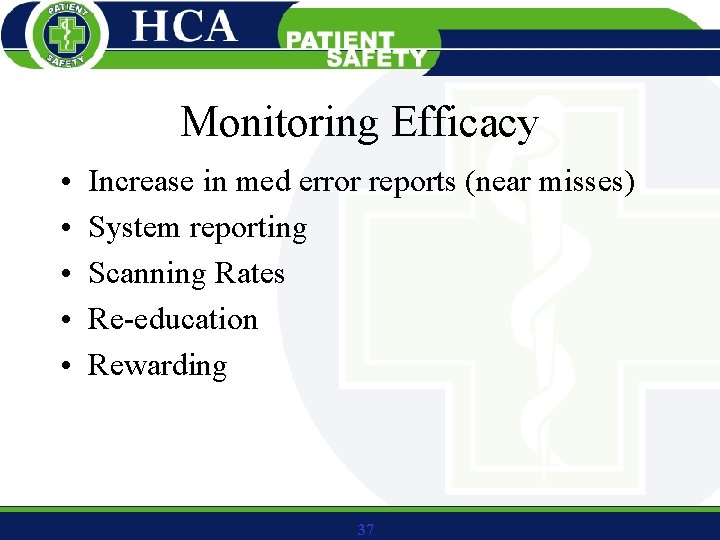 Monitoring Efficacy • • • Increase in med error reports (near misses) System reporting