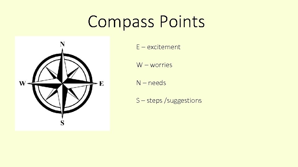 Compass Points E – excitement W – worries N – needs S – steps