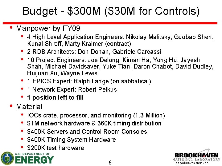 Budget - $300 M ($30 M for Controls) • Manpower by FY 09 •