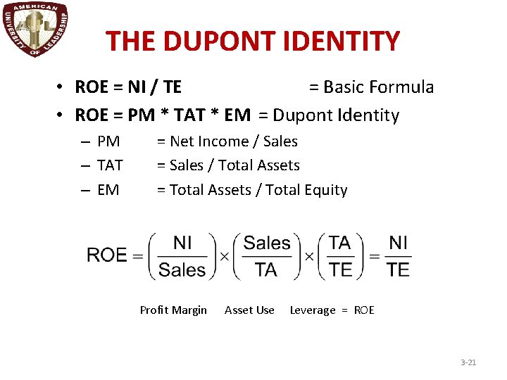 THE DUPONT IDENTITY • ROE = NI / TE = Basic Formula • ROE