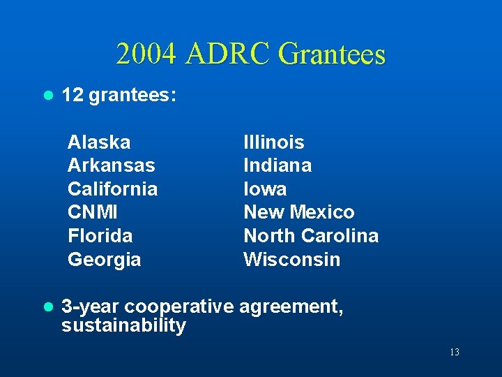 2004 ADRC Grantees l 12 grantees: Alaska Arkansas California CNMI Florida Georgia l Illinois