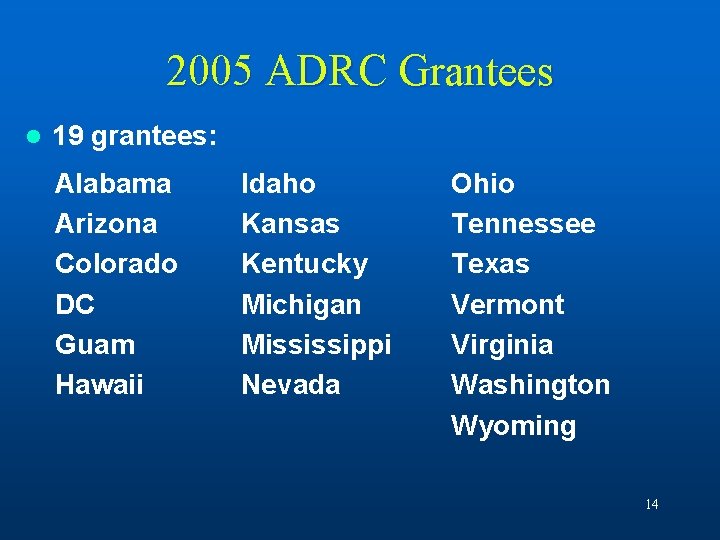2005 ADRC Grantees l 19 grantees: Alabama Arizona Colorado DC Guam Hawaii Idaho Kansas