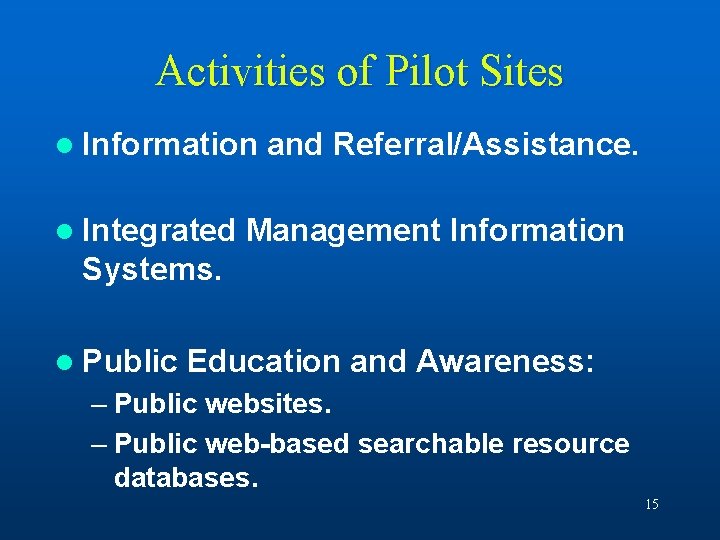 Activities of Pilot Sites l Information l Integrated and Referral/Assistance. Management Information Systems. l