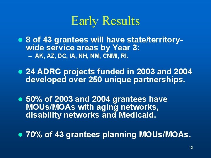 Early Results l 8 of 43 grantees will have state/territorywide service areas by Year