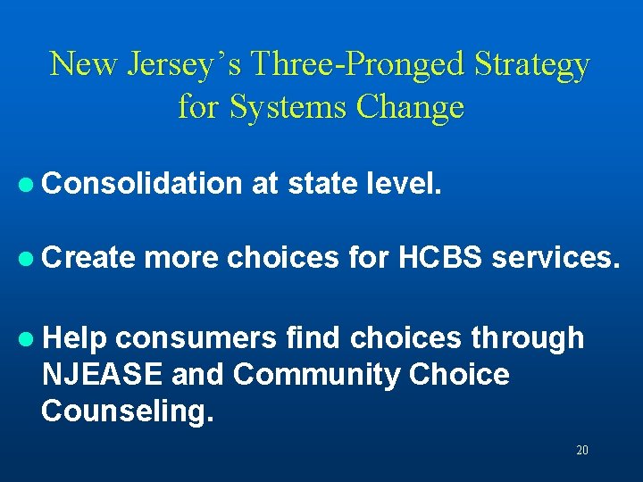 New Jersey’s Three-Pronged Strategy for Systems Change l Consolidation l Create at state level.