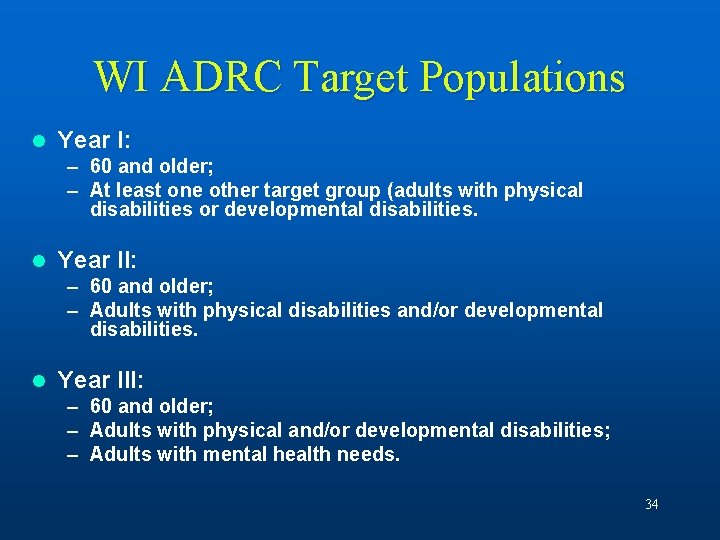 WI ADRC Target Populations l Year I: – 60 and older; – At least