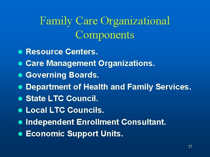 Family Care Organizational Components l l l l Resource Centers. Care Management Organizations. Governing