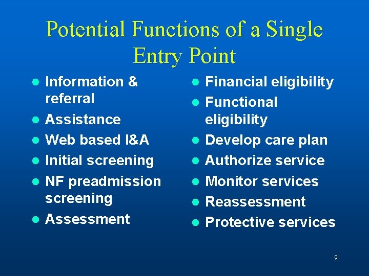 Potential Functions of a Single Entry Point l l l Information & referral Assistance