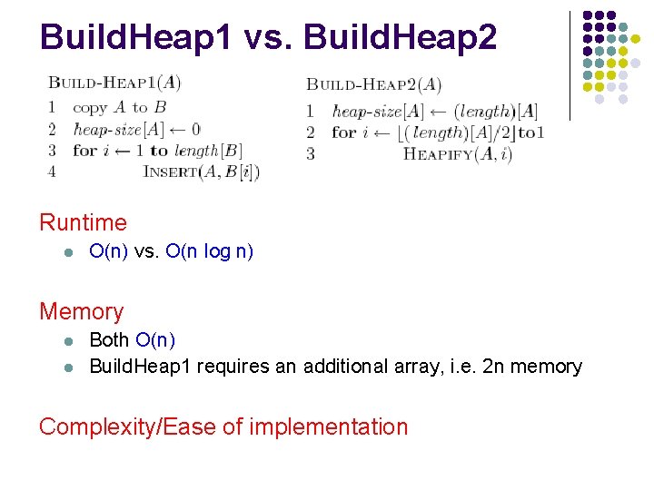 Build. Heap 1 vs. Build. Heap 2 Runtime l O(n) vs. O(n log n)