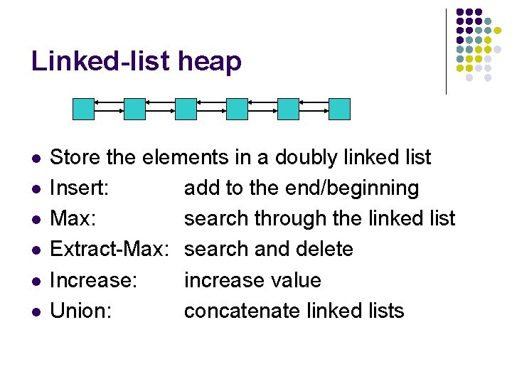 Linked-list heap l l l Store the elements in a doubly linked list Insert: