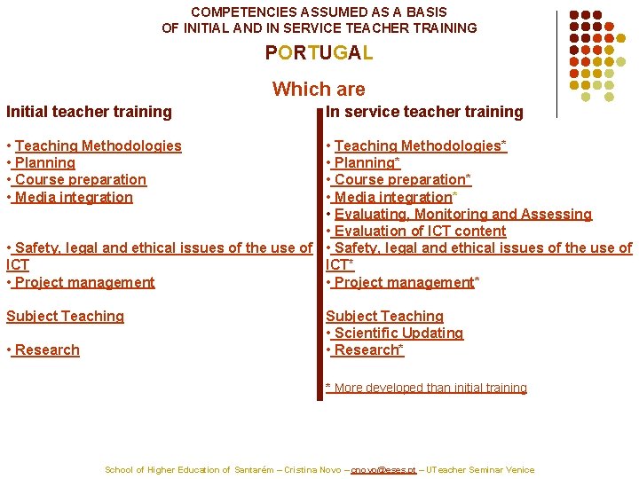 COMPETENCIES ASSUMED AS A BASIS OF INITIAL AND IN SERVICE TEACHER TRAINING PORTUGAL Which