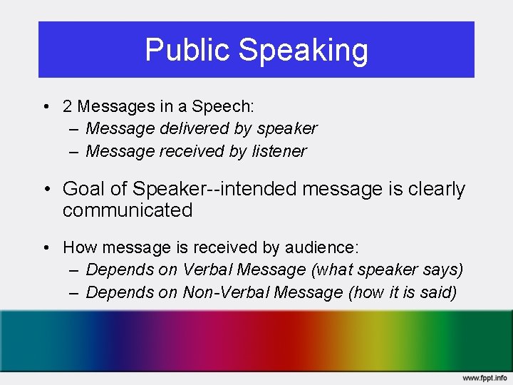 Public Speaking • 2 Messages in a Speech: – Message delivered by speaker –