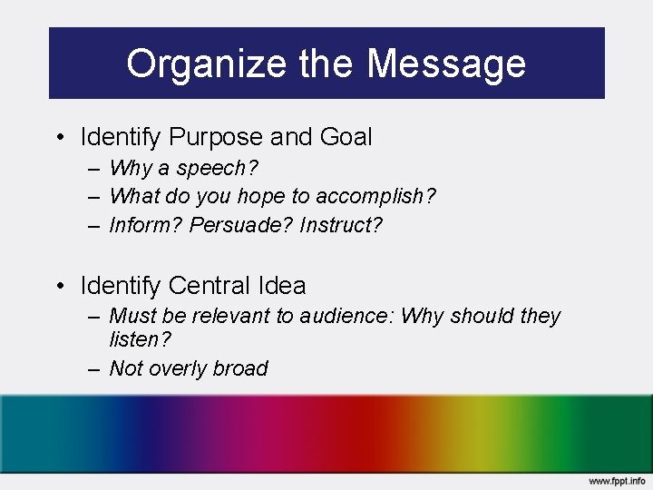 Organize the Message • Identify Purpose and Goal – Why a speech? – What