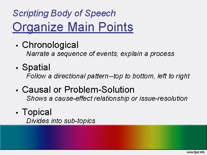 Scripting Body of Speech Organize Main Points • Chronological Narrate a sequence of events,