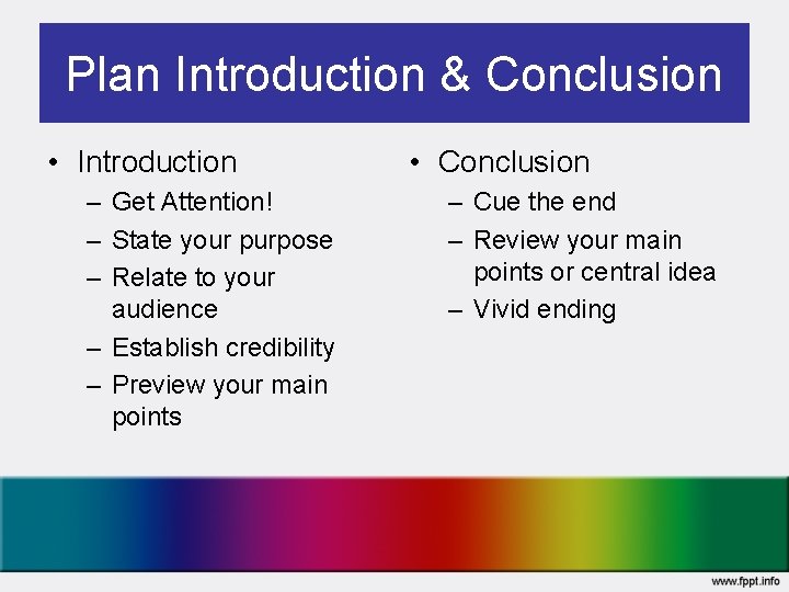 Plan Introduction & Conclusion • Introduction – Get Attention! – State your purpose –