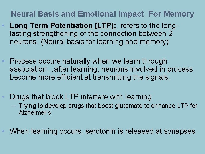 Neural Basis and Emotional Impact For Memory • Long Term Potentiation (LTP): refers to