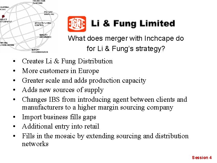 What does merger with Inchcape do for Li & Fung’s strategy? • • •