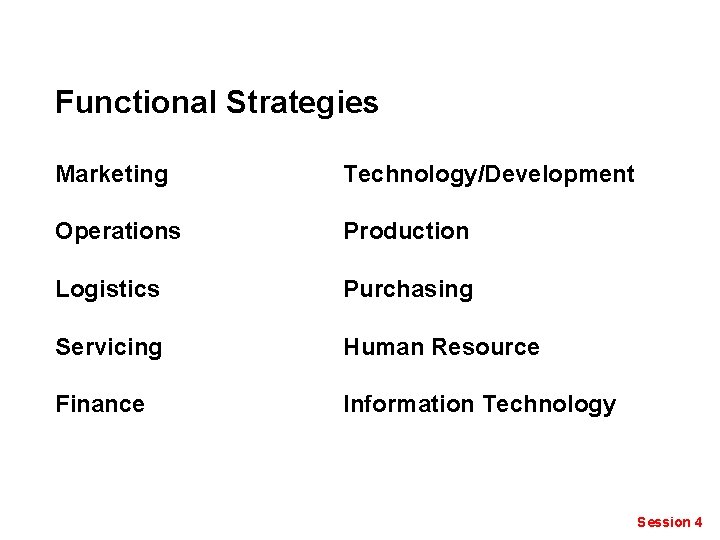 Functional Strategies Marketing Technology/Development Operations Production Logistics Purchasing Servicing Human Resource Finance Information Technology