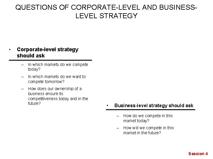 QUESTIONS OF CORPORATE-LEVEL AND BUSINESSLEVEL STRATEGY • Corporate-level strategy should ask – In which