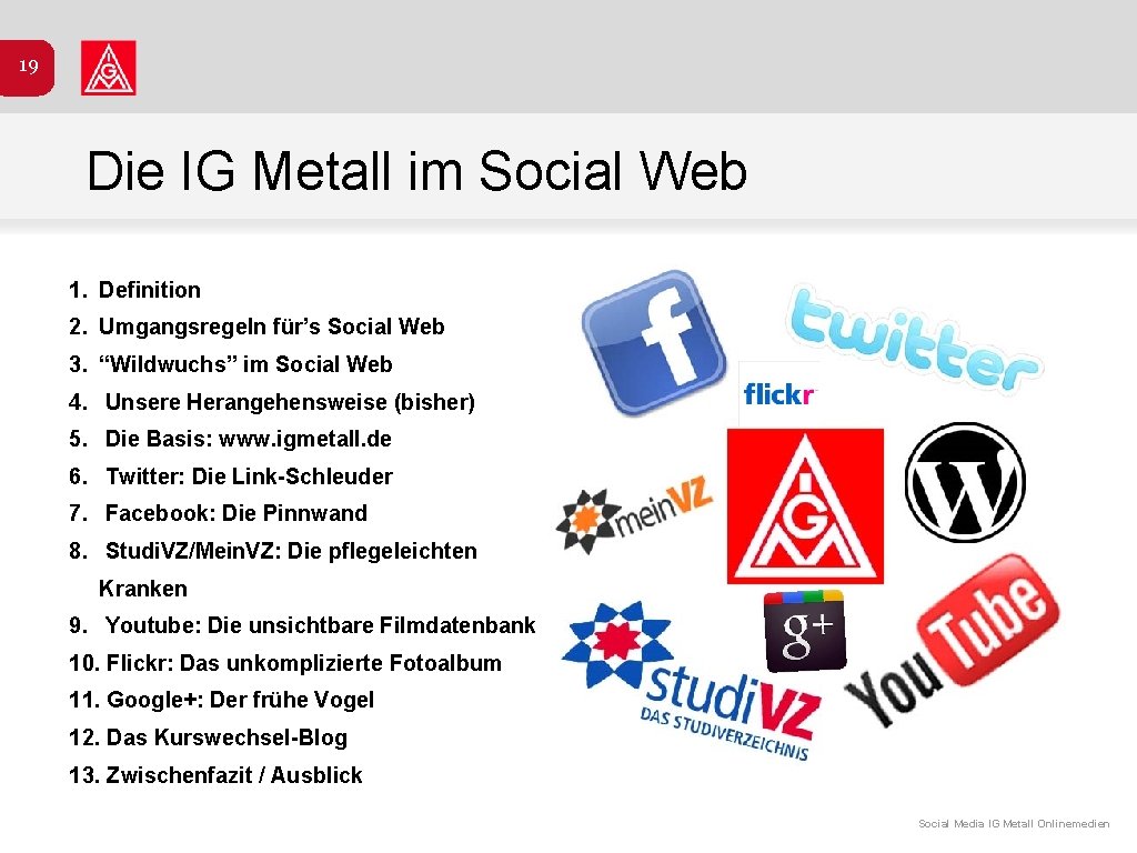 19 Die IG Metall im Social Web 1. Definition 2. Umgangsregeln für’s Social Web