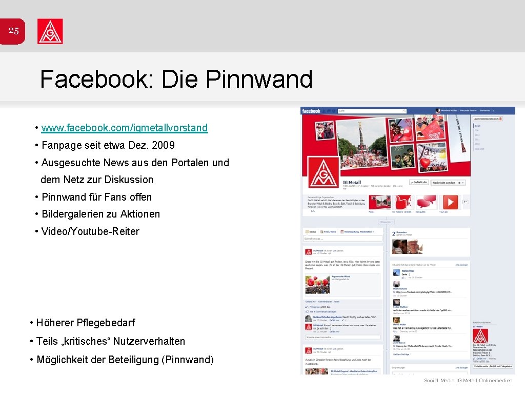 25 Facebook: Die Pinnwand • www. facebook. com/igmetallvorstand • Fanpage seit etwa Dez. 2009