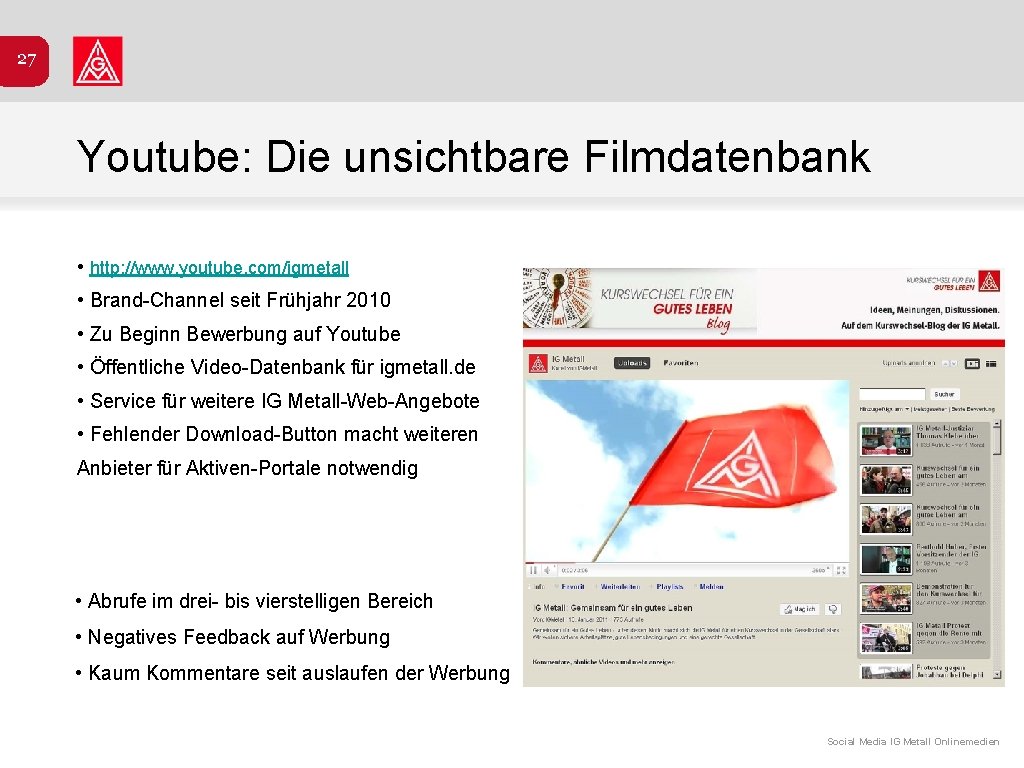 27 Youtube: Die unsichtbare Filmdatenbank • http: //www. youtube. com/igmetall • Brand-Channel seit Frühjahr