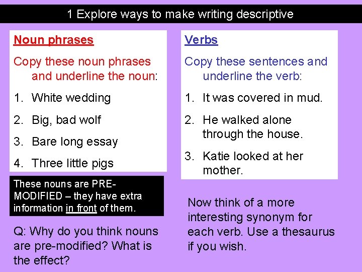 1 Explore ways to make writing descriptive Noun phrases Verbs Copy these noun phrases