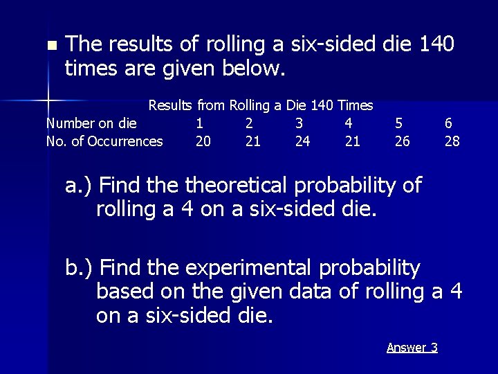 n The results of rolling a six-sided die 140 times are given below. Results