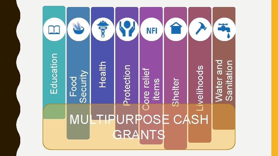 MULTIPURPOSE CASH GRANTS Water and Sanitation Livelihoods Shelter Core relief items Protection Health Food