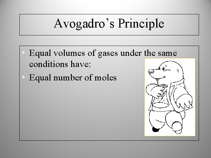 Avogadro’s Principle • Equal volumes of gases under the same conditions have: • Equal