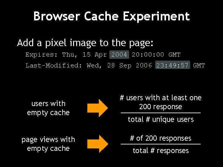 Browser Cache Experiment Add a pixel image to the page: Expires: Thu, 15 Apr