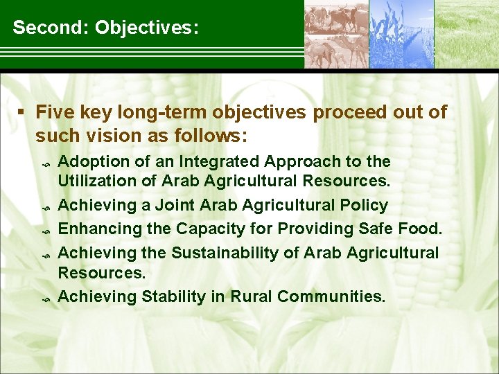 Second: Objectives: § Five key long term objectives proceed out of such vision as