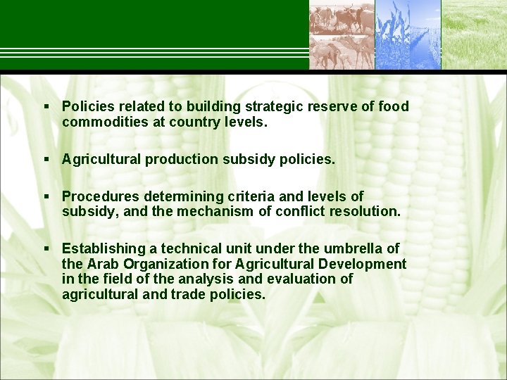 § Policies related to building strategic reserve of food commodities at country levels. §