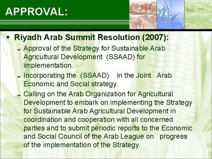 APPROVAL: § Riyadh Arab Summit Resolution (2007): Approval of the Strategy for Sustainable Arab