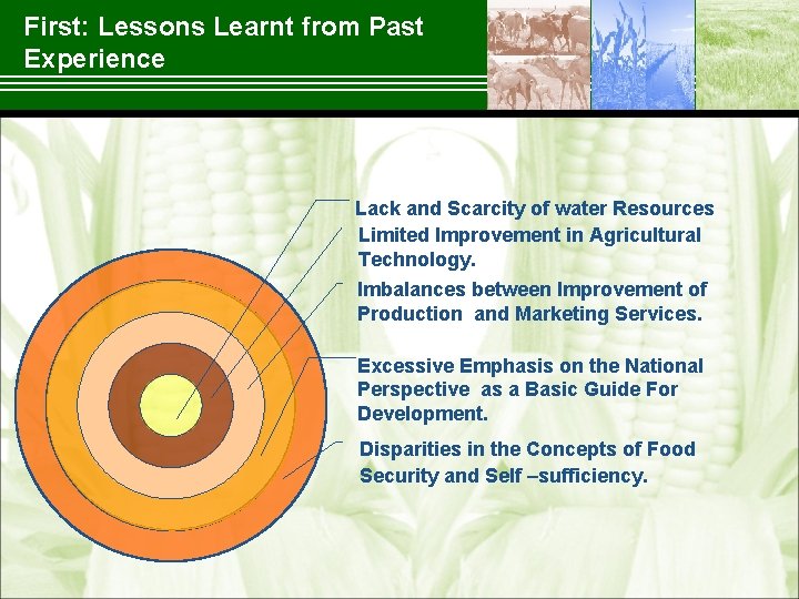 First: Lessons Learnt from Past Experience Lack and Scarcity of water Resources Limited Improvement