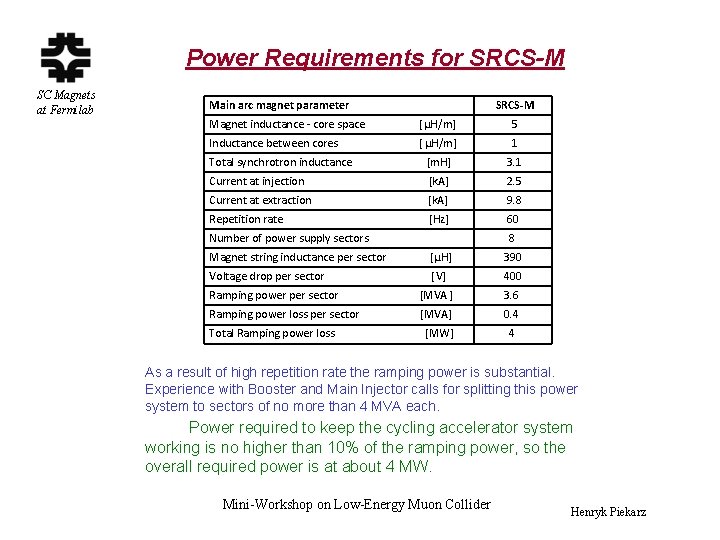 Power Requirements for SRCS-M SC Magnets at Fermilab Main arc magnet parameter SRCS-M Magnet