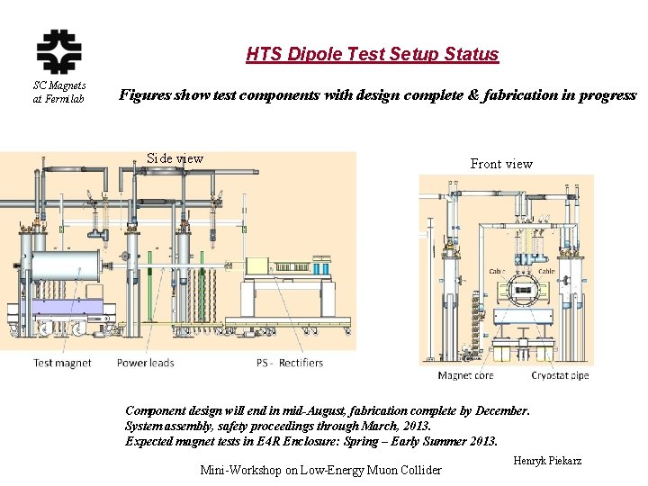 HTS Dipole Test Setup Status SC Magnets at Fermilab Figures show test components with