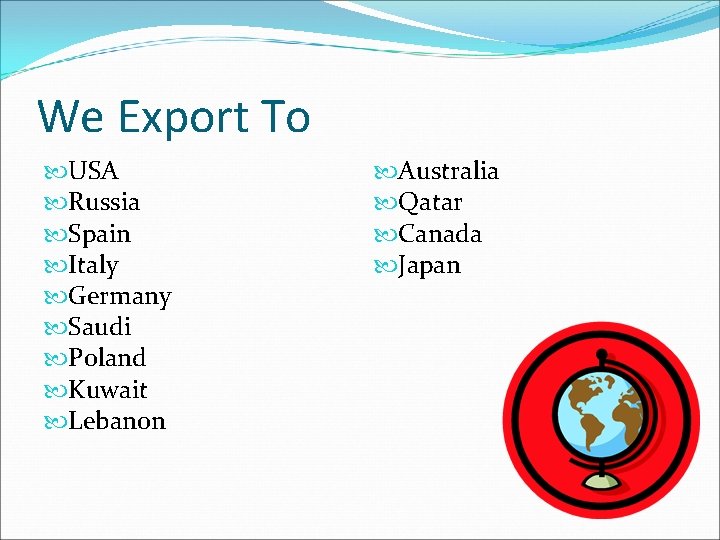 We Export To USA Russia Spain Italy Germany Saudi Poland Kuwait Lebanon Australia Qatar