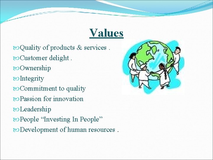 Values Quality of products & services. Customer delight. Ownership Integrity Commitment to quality Passion
