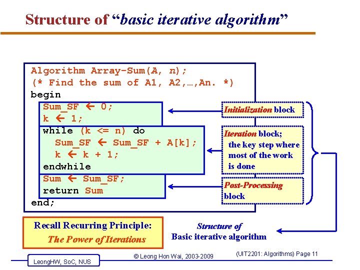Structure of “basic iterative algorithm” Algorithm Array-Sum(A, n); (* Find the sum of A