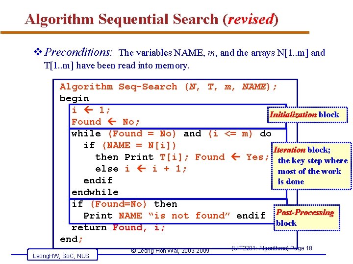 Algorithm Sequential Search (revised) v. Preconditions: The variables NAME, m, and the arrays N[1.