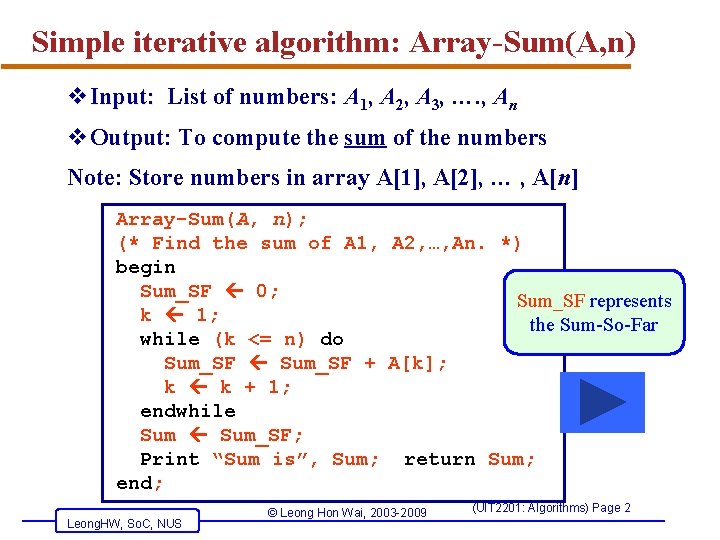 Simple iterative algorithm: Array-Sum(A, n) v. Input: List of numbers: A 1, A 2,