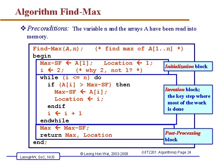 Algorithm Find-Max v. Preconditions: The variable n and the arrays A have been read
