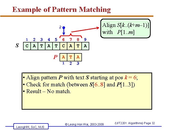 Example of Pattern Matching Align S[k. . (k+m– 1)] with P[1. . m] k