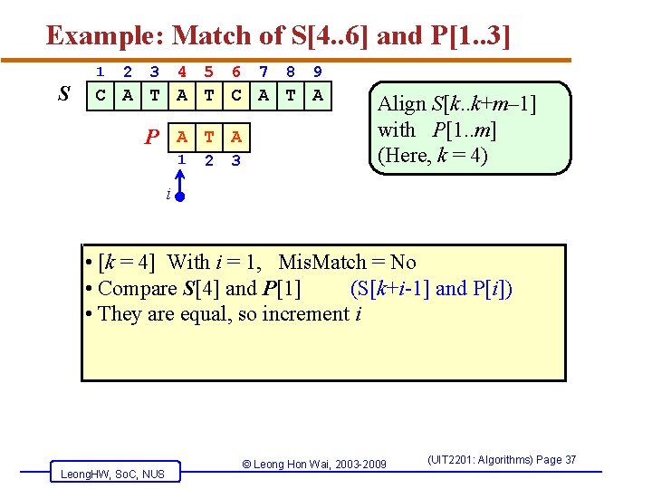 Example: Match of S[4. . 6] and P[1. . 3] 1 S 2 3