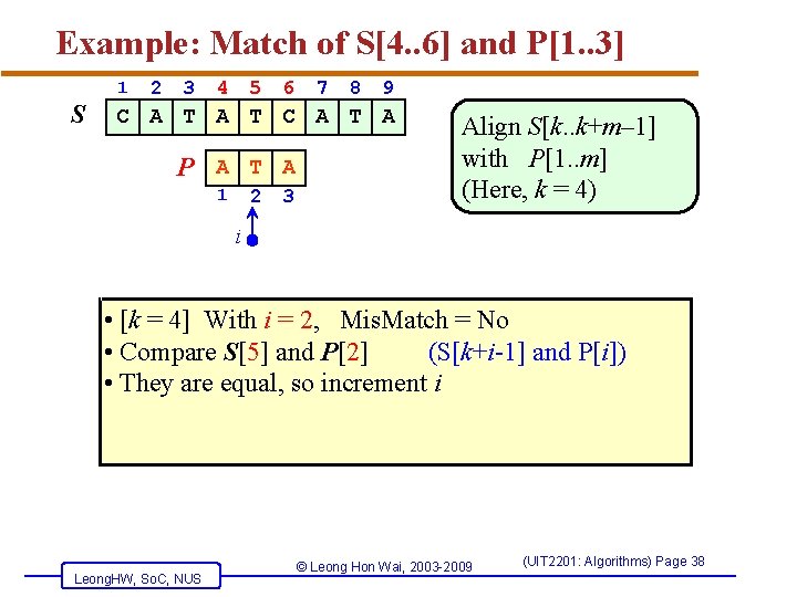Example: Match of S[4. . 6] and P[1. . 3] 1 S 2 3