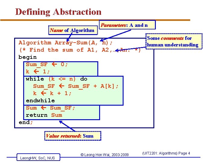 Defining Abstraction Name of Algorithm Parameters: A and n Some comments for Algorithm Array-Sum(A,