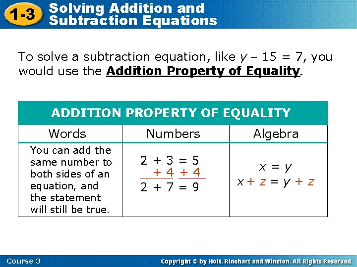 Solving Addition and 1 -3 Subtraction Equations To solve a subtraction equation, like y