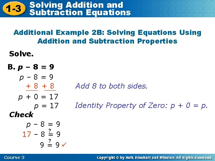 Solving Addition and 1 -3 Subtraction Equations Additional Example 2 B: Solving Equations Using